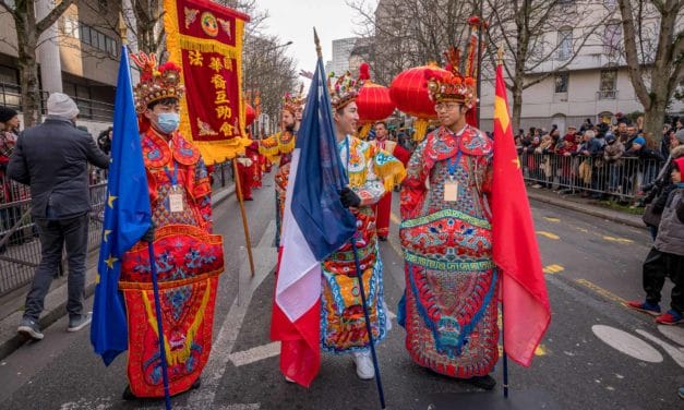 Three flags and two red lanterns