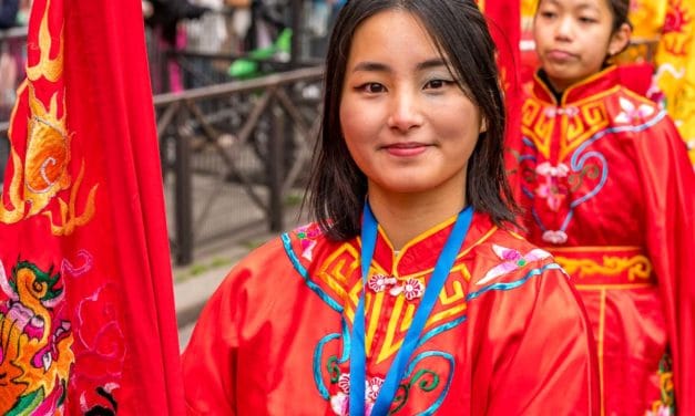Flag bearer in a red tunic